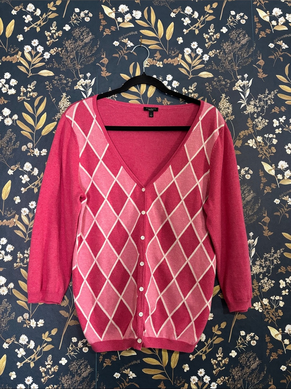 Talbots Pink Argyle V-Neck Button Sweater Cardigan Size L
